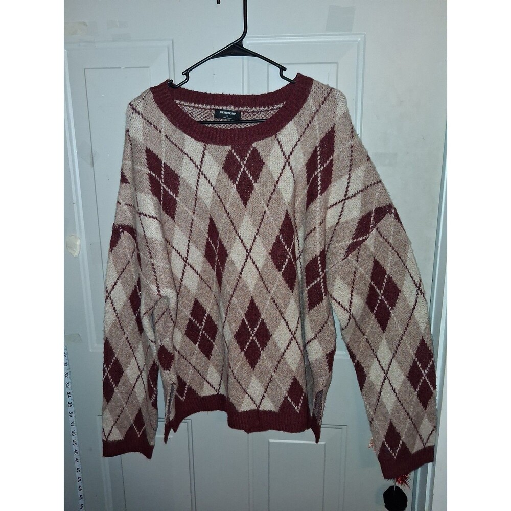 The Workshop Argyle Sweater XL Burgundy Beige Knit Drop Shoulder Wool Blend Cozy